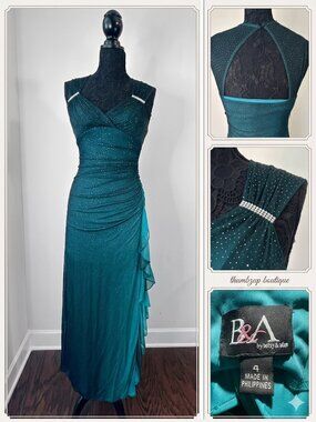 B&A Betsy & Adam Emerald Green Sparkle Maxi Gown w/ Cutout Back, Size 4